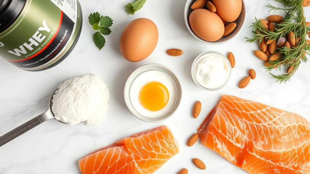 Overhead flat lay of protein shake ingredients and sources: scoop of whey powder, chicken breast, eggs, Greek yogurt, almonds, salmon fillet on white marble surface, professional food photography