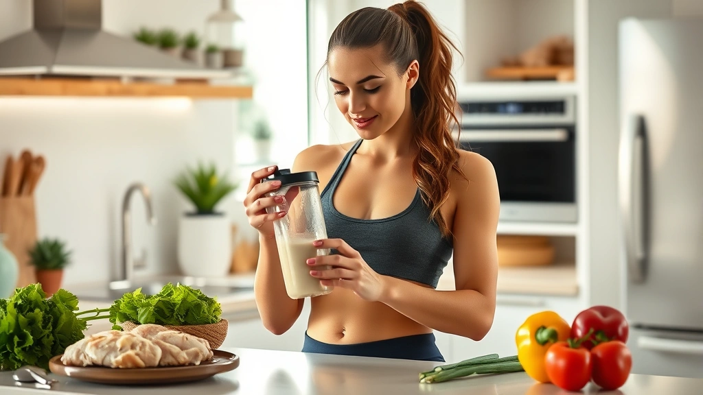 Female athlete measuring protein powder into shaker bottle in bright kitchen, healthy whole foods visible on counter including chicken and vegetables, morning natural light, action shot mid-preparation