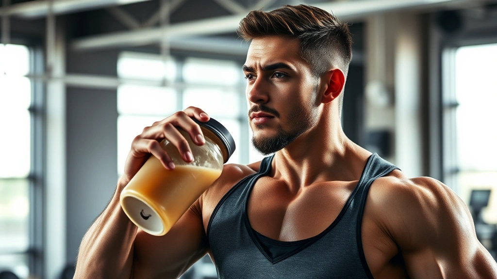 Muscular athlete drinking protein shake post-workout in modern gym, holding shaker bottle with focused expression, athletic wear, natural lighting, sweat visible from intense training