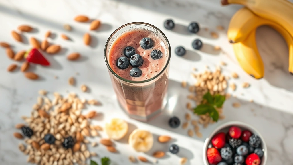 Overhead view of colorful protein shake in tall glass with fresh ingredients scattered around: banana slices, almonds, oats, berries on white marble surface, morning sunlight
