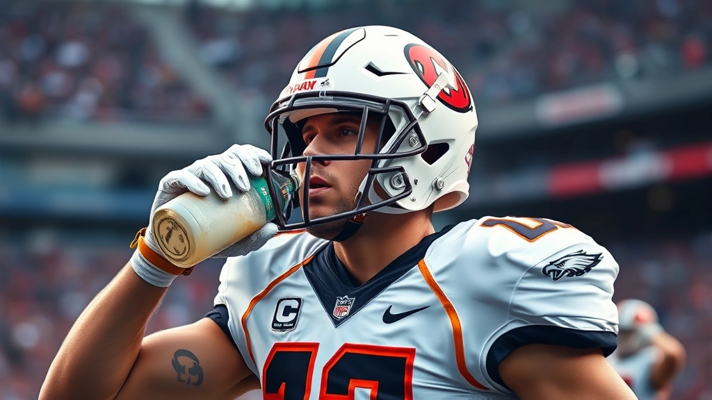 Competitive football player in uniform drinking recovery shake on sideline, intense focus, stadium background blurred, athletic performance moment, professional sports setting