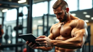 Determined athlete in gym intensely reviewing statistics and analytics on digital tablet during intense training session, studying performance metrics, professional fitness environment with blurred background