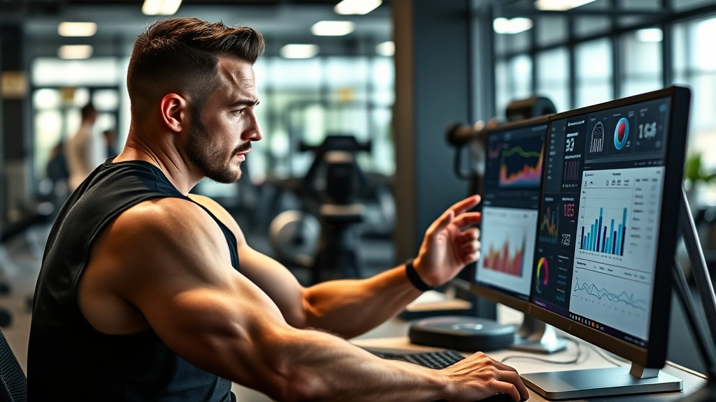 Muscular fitness coach analyzing complex data visualizations and charts on computer screen in modern gym office, making strategic performance decisions with confident expression, professional setting