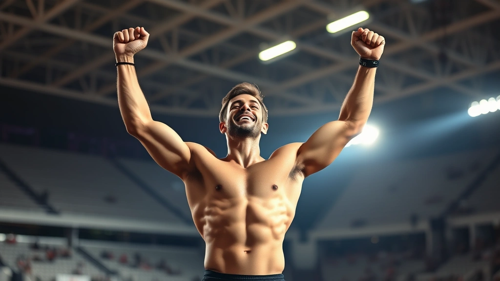 Athlete celebrating victory in fitness competition, arms raised triumphantly after achieving championship goal, outdoor stadium setting with dramatic lighting, peak performance moment captured