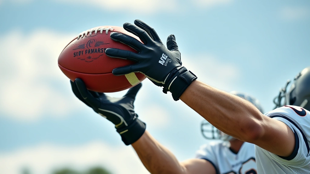 Professional football player wearing black Rival gloves catching a football in mid-air during daylight game, intense focus, realistic action shot, outdoor field