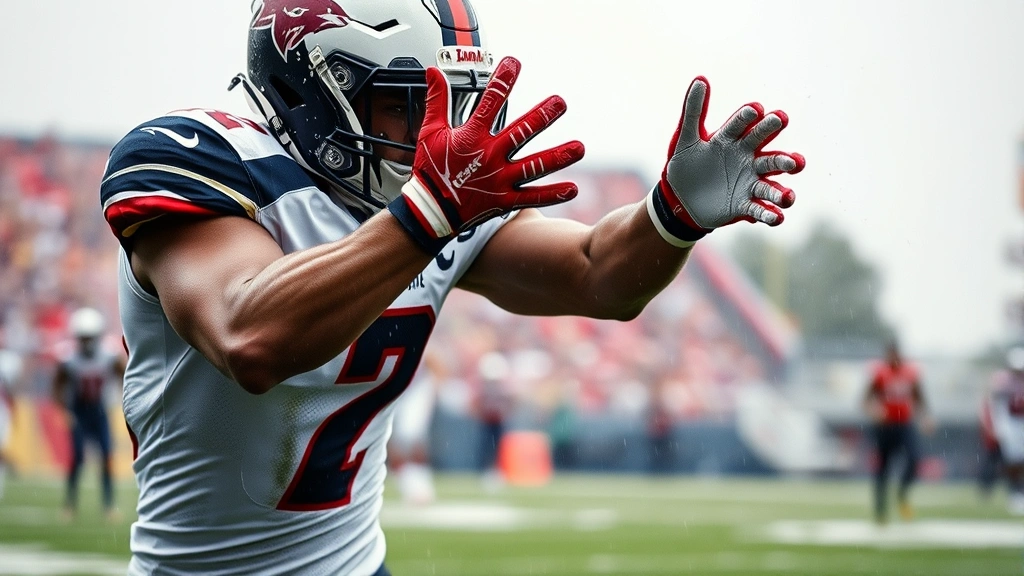 Football player in game uniform performing explosive catch with Rival gloves, wet field conditions with rain, dynamic athletic movement, professional photography