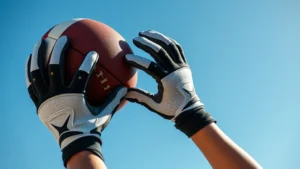 Close-up of a football player's hands wearing black and white athletic gloves catching a football mid-air against a bright blue sky background, showing detailed grip texture and finger positioning during a professional-style catch, outdoors in natural daylight
