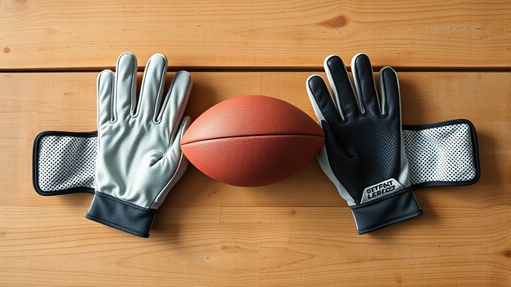 Overhead view of two pairs of football gloves laid flat on a wooden training table with a football between them, showing palm grip surface detail and mesh back-of-hand construction, natural lighting from above highlighting the material texture differences