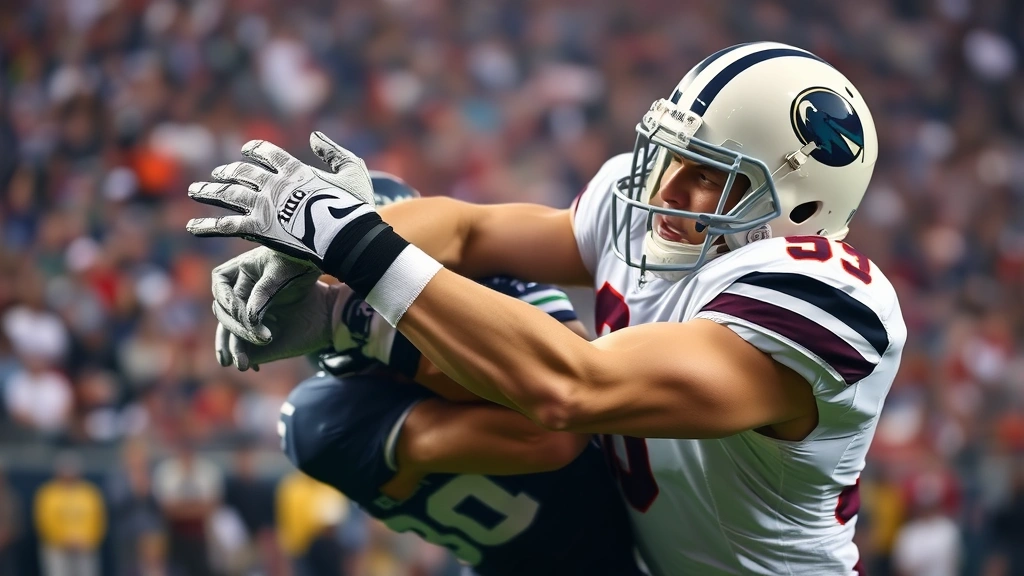 Action shot of a defensive player in game uniform making a tackle with both gloved hands visible gripping an opponent's arm, showing glove performance during intense contact, stadium lighting with crowd blurred in background, dynamic athletic movement