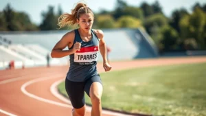 Athletic female sprinter mid-sprint on outdoor track, explosive power, motion blur, determined expression, professional sports photography, bright daylight, high contrast athletic wear