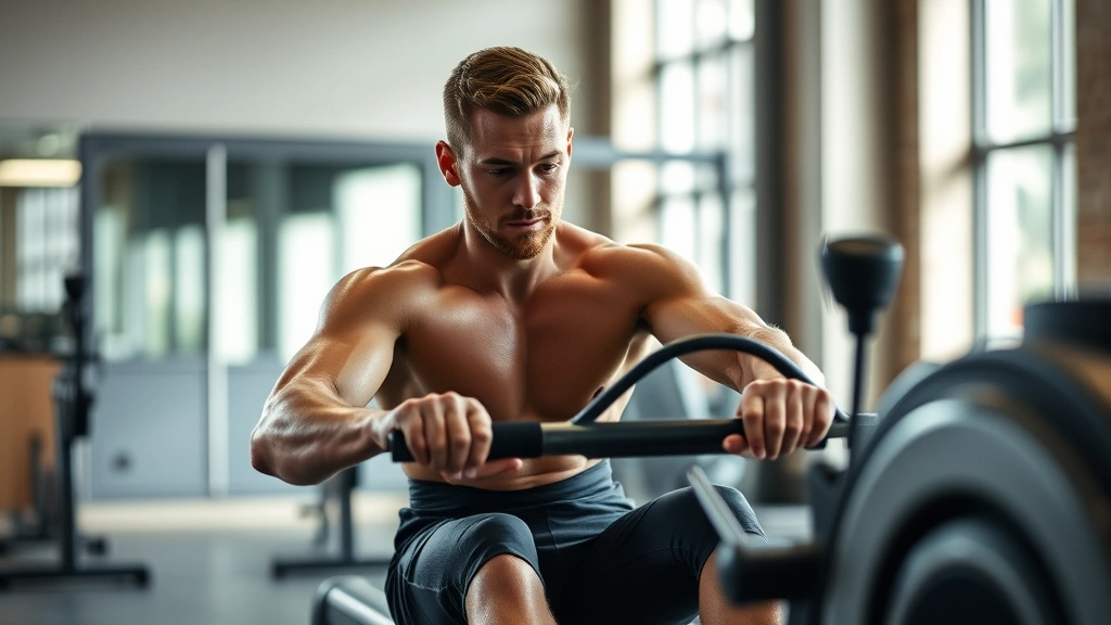 Male athlete performing interval training on rowing machine indoors, intense effort, sweat visible, concentrated focus, gym setting with natural light, muscular definition, dynamic motion
