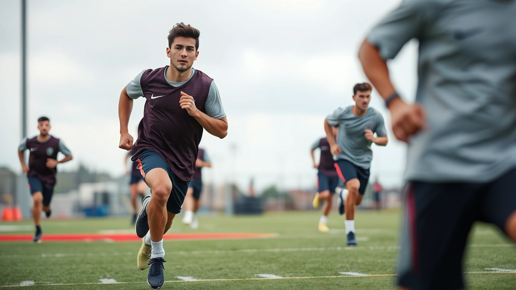 Young male football player running sprints on field during conditioning drill, athletic physique, outdoor training facility, multiple sprint efforts visible in sequence, professional sports environment, overcast lighting