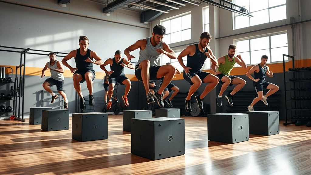 Elite athletes performing plyometric box jump exercises in modern training facility with natural light, multiple players in synchronized movement, professional gym environment with wooden flooring
