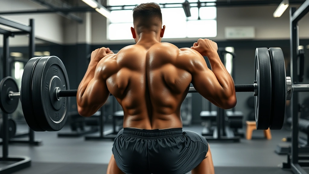 Muscular college football athlete performing barbell back squat with perfect form in modern strength training facility, intense focus, sweat visible, plates loaded, professional gym setting