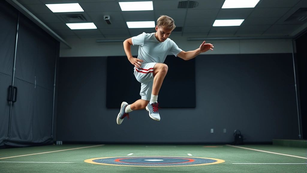 Young football player executing explosive vertical jump test with force plate technology, athletic shoes gripping ground, muscles engaged mid-jump, modern sports science lab environment