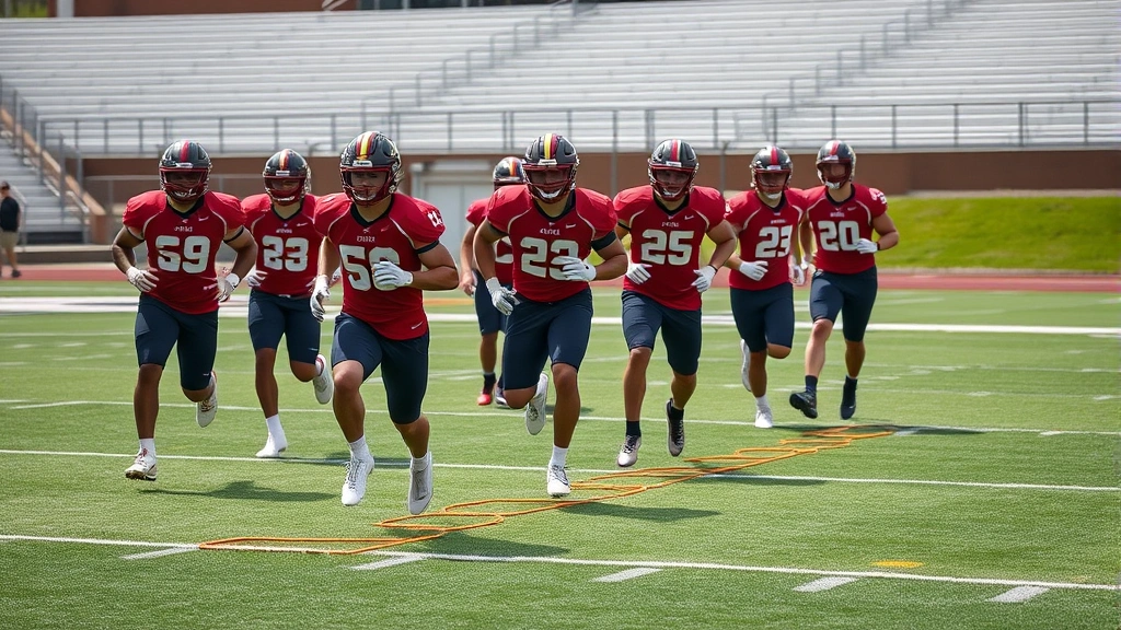 Team of college football players performing agility ladder drills during field training session, high-speed movement, multiple athletes in formation, natural daylight, professional athletic field
