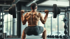 Athletic male college football player performing explosive back squat with heavy barbell in modern strength training facility, powerful leg drive, perfect form, concentrated expression, natural gym lighting