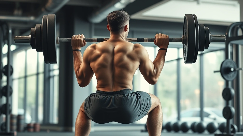 Athletic male college football player performing explosive back squat with heavy barbell in modern strength training facility, powerful leg drive, perfect form, concentrated expression, natural gym lighting
