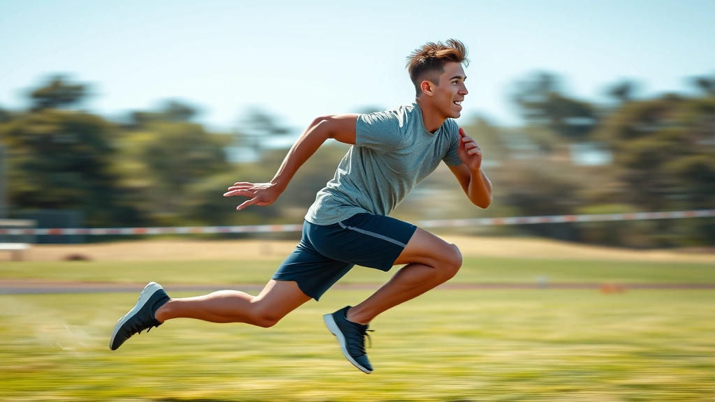 Young male athlete sprinting at maximum velocity on outdoor grass field, explosive acceleration, muscular definition, dynamic motion blur, competitive focus, bright daylight conditions