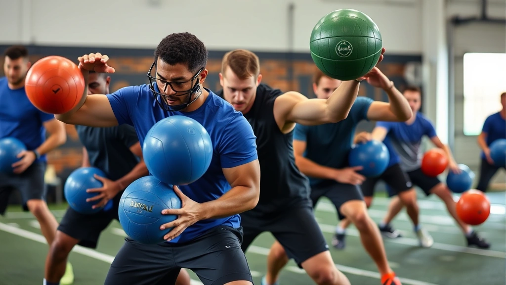 Diverse group of college football players performing medicine ball rotational exercises and core training movements in team conditioning session, high intensity effort, athletic facility, teamwork dynamic