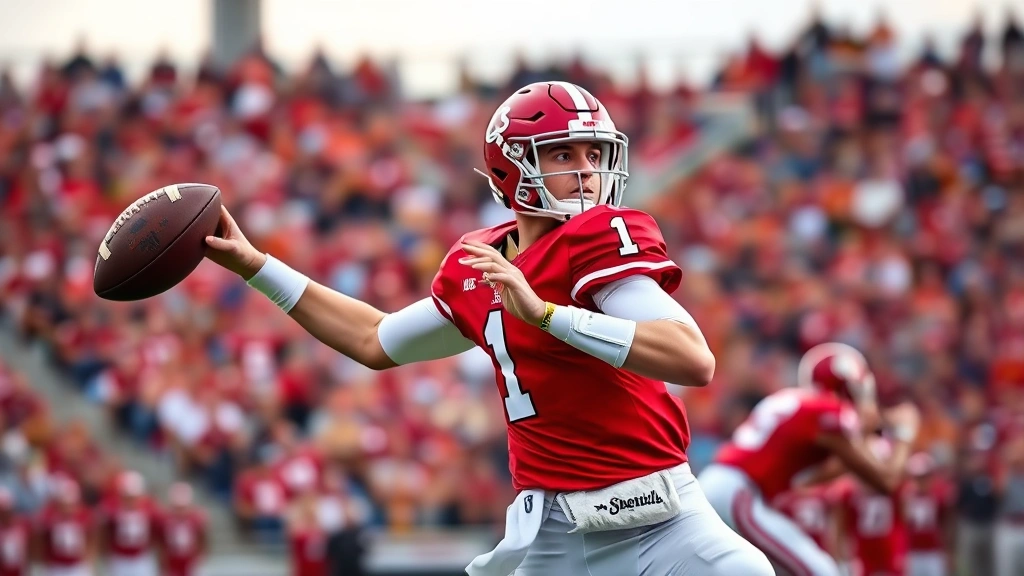 Dynamic college football quarterback in crimson uniform mid-throw during intense stadium game, perfect spiral motion, professional athlete excellence, competitive intensity, crowd blur background