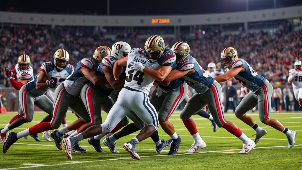 Aggressive defensive line collision, football players engaged in powerful tackle, physical contact, defensive intensity, stadium lights, elite athletic performance moment