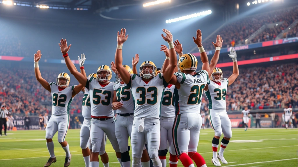 Victorious football team celebrating on field after winning play, arms raised, emotional triumph, championship atmosphere, stadium crowd energy, athletes in prime physical condition