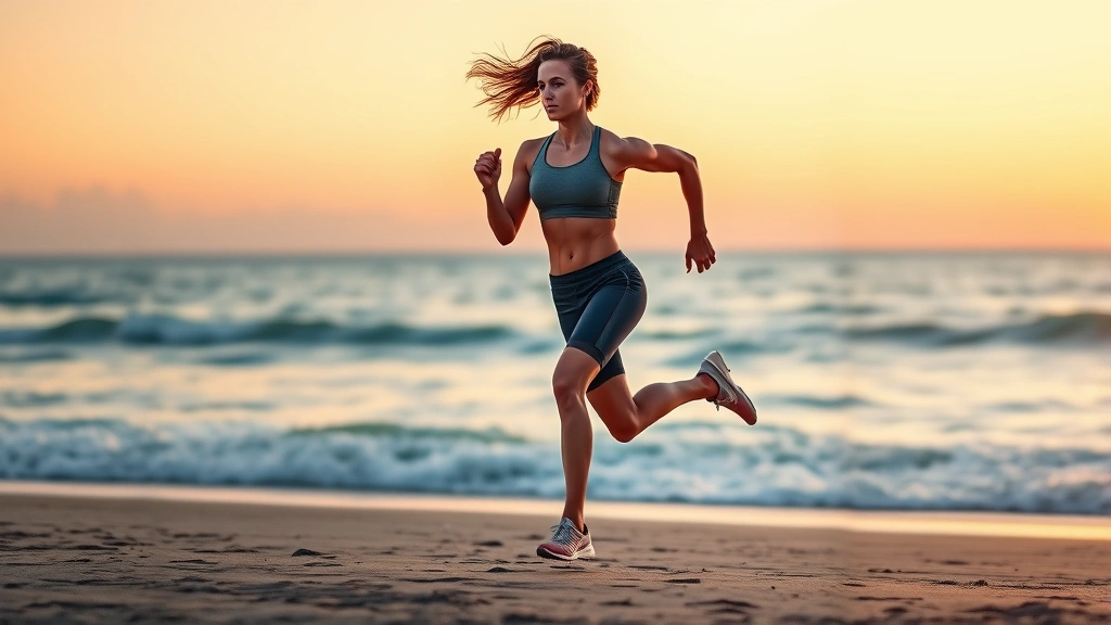 Fit woman running on beach at sunset, powerful leg drive, ocean and sky background, athletic physique, motion blur effect, energetic form