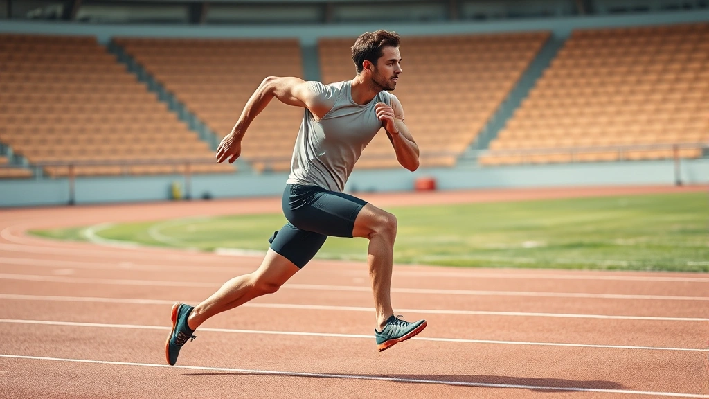 Male athlete sprinting on track during interval training, intense effort, athletic build, professional running form, stadium background, dynamic action shot