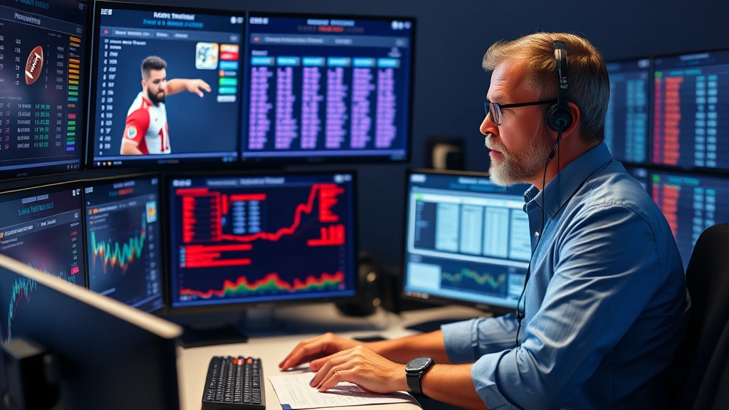 Professional fantasy football analyst reviewing player statistics and matchup data on multiple monitors in a modern sports analytics office, focused and concentrated expression, surrounded by performance charts and rankings