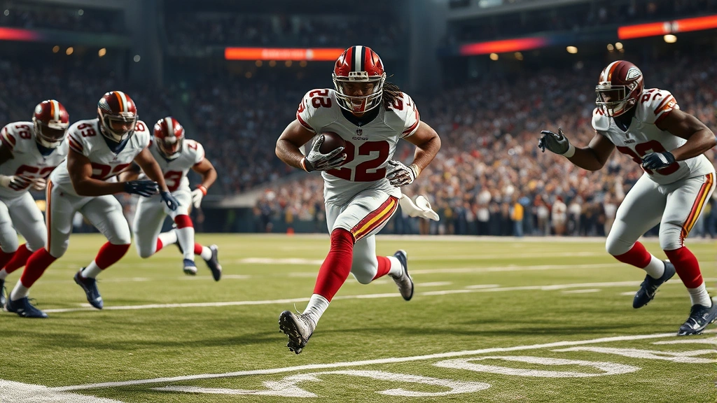 NFL running back in game action breaking through defensive line during a football game, explosive athletic movement, stadium lights in background, mid-run momentum captured