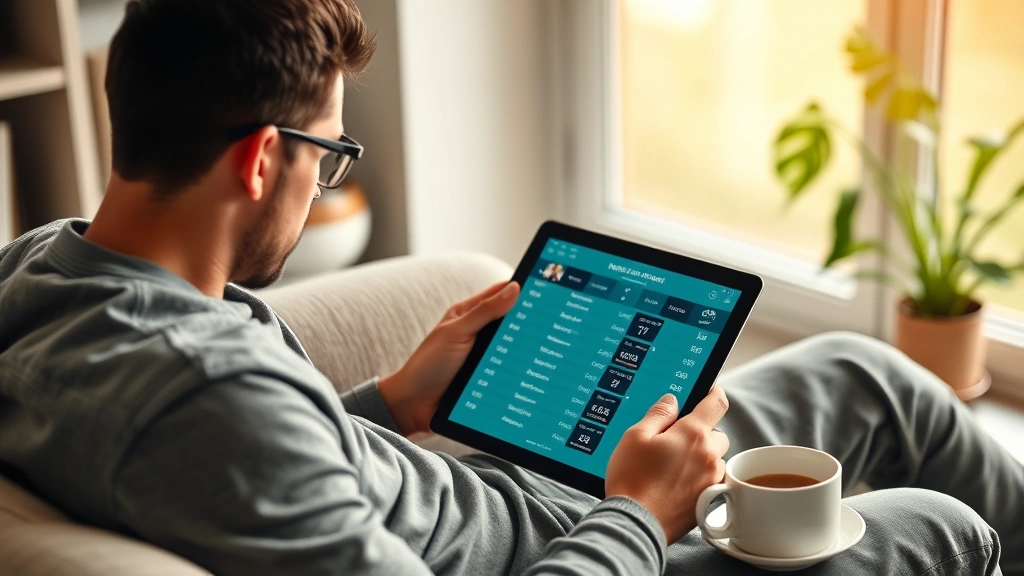 Fantasy football manager reviewing lineup on tablet device before Sunday game time, sitting in comfortable home environment with coffee, weather forecast visible on screen, decision-making moment