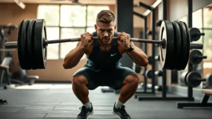 College football player performing explosive squat exercise in weight room with proper form, focused intensity, modern gym setting with natural lighting