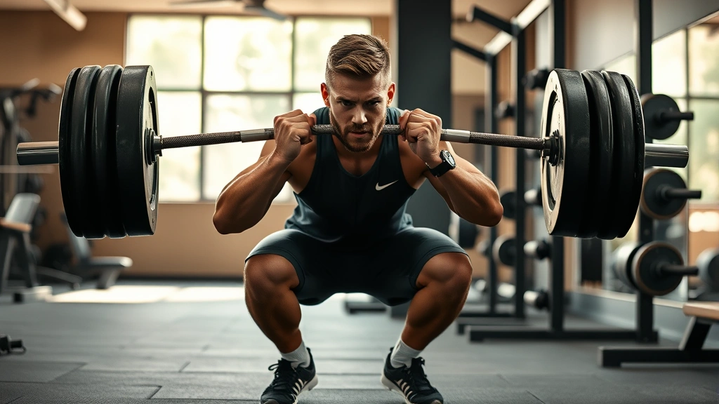 College football player performing explosive squat exercise in weight room with proper form, focused intensity, modern gym setting with natural lighting