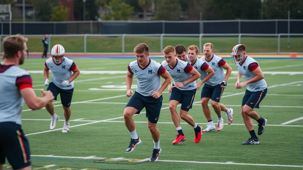 Football athletes engaged in dynamic team conditioning drill on field, executing agility ladder work with controlled intensity and concentration