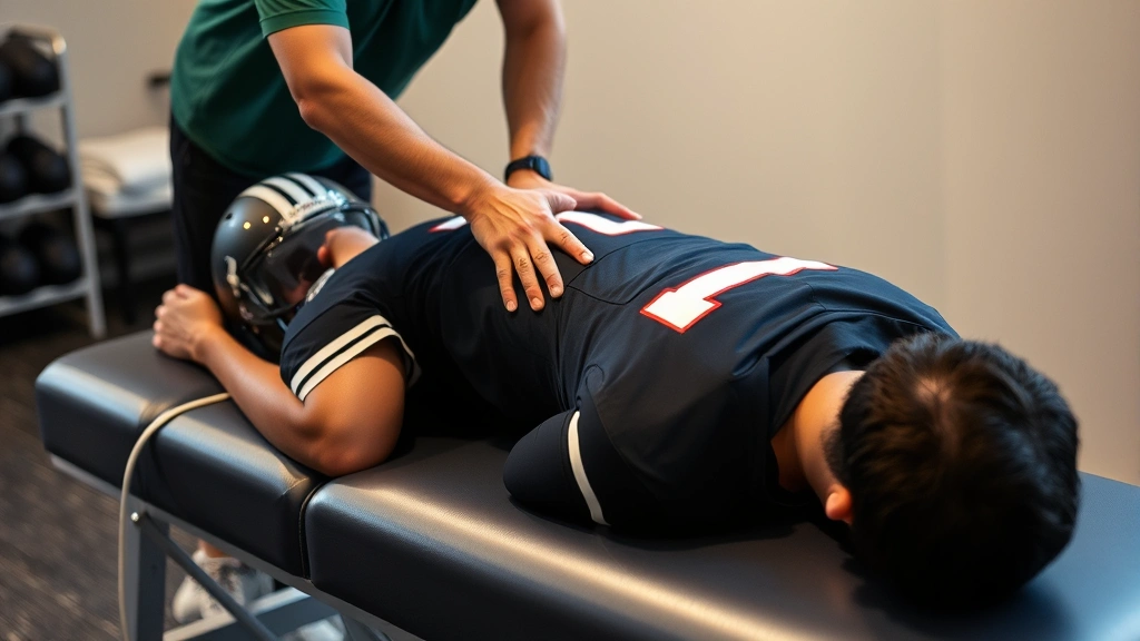 Football player receiving sports massage recovery treatment on treatment table, demonstrating active recovery and injury prevention protocols