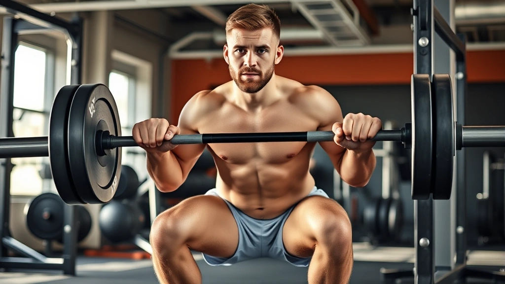 Athletic male football player performing heavy barbell back squat in professional gym, intense focused expression, proper form with knees tracking over toes, weight plates visible on bar, natural gym lighting