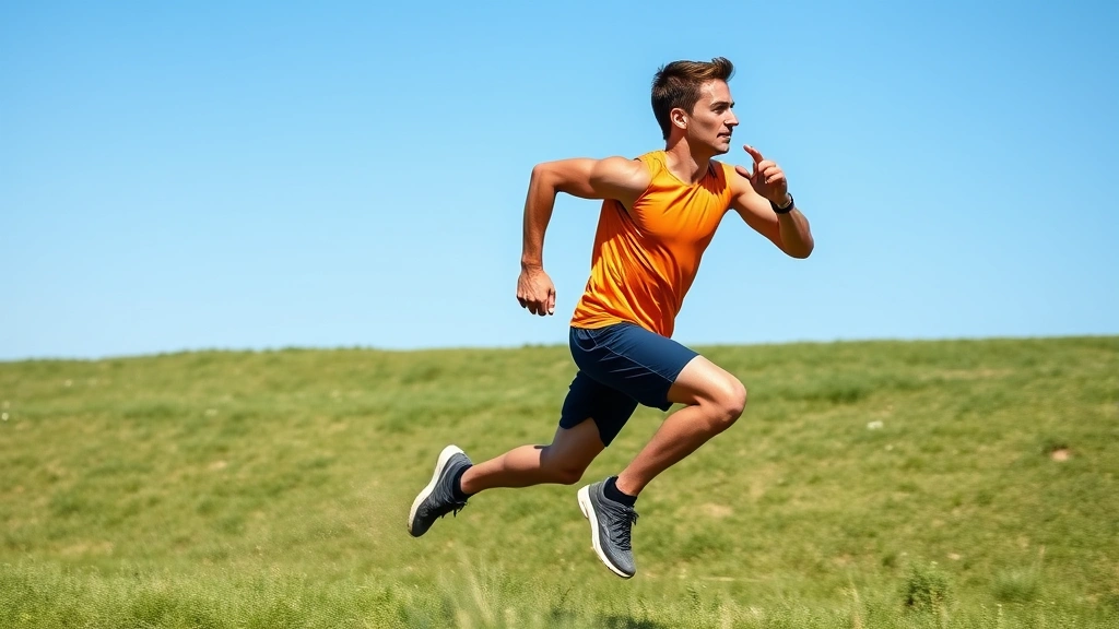 Young muscular athlete sprinting at full speed on grass field during outdoor training, dynamic explosive running form, legs driving high, arms pumping efficiently, clear blue sky background, athletic wear