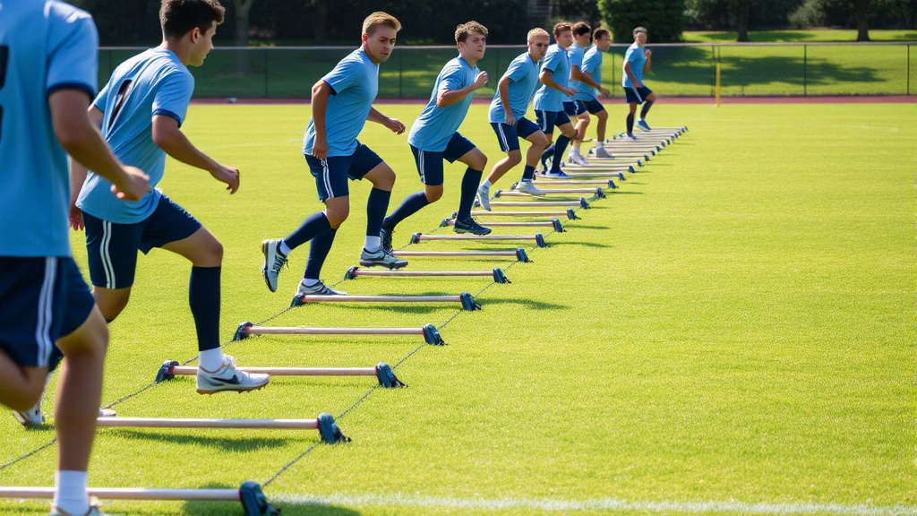 Football players performing agility ladder drill exercises on field, rapid footwork through ladder rungs, multiple athletes in sequence showing quick feet and coordination, green grass field, natural daylight