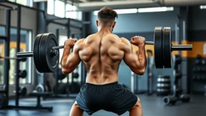 Athletic male football player performing explosive barbell back squat with perfect form in modern strength training facility with natural lighting