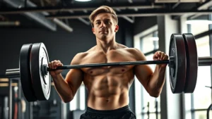 Athletic male college football player performing a clean and jerk with Olympic barbell in a modern strength training facility, explosive power movement, perfect form, determination on face, professional gym lighting
