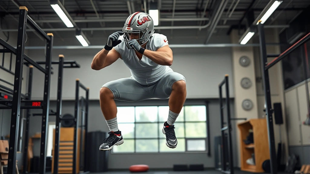 College football linebacker performing explosive depth jump training in modern strength facility with professional equipment and focused expression, athletic wear