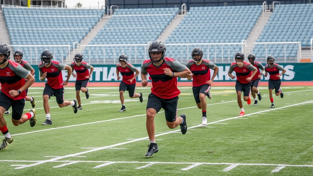Football players executing high-intensity sprint drills on outdoor field during conditioning session, multiple athletes at various stages of sprint, professional stadium environment