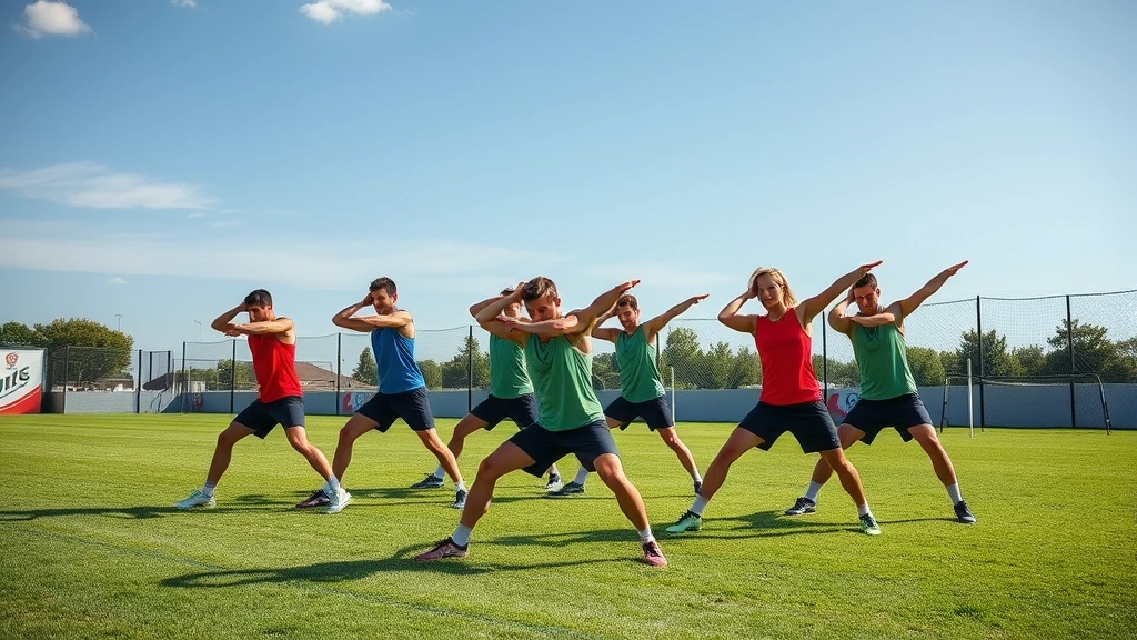 Team of athletes performing group dynamic mobility and stretching routine on grass field before training, demonstrating flexibility and preparation movements