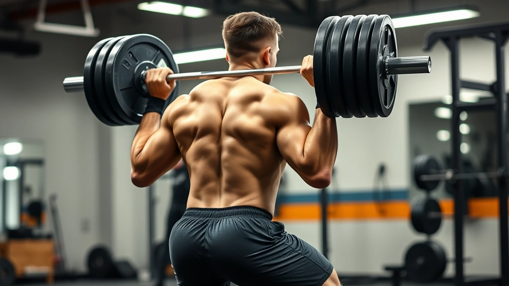 Athletic male college football player performing heavy back squat with Olympic barbell in professional weight room, intense focus, proper form with deep squat position