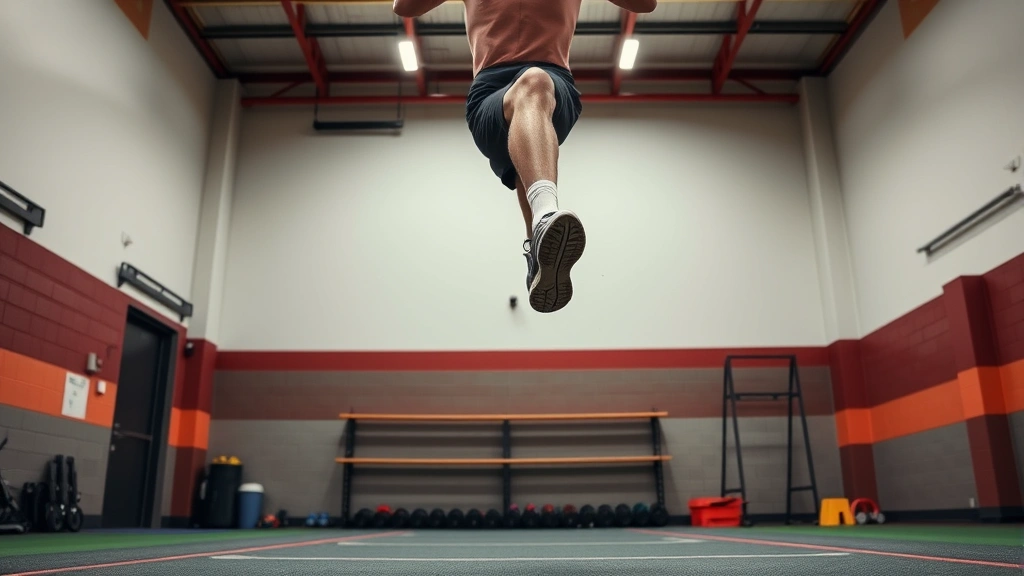 Explosive vertical jump by trained athlete in training facility, maximum height achieved, athletic shoes leaving ground, dynamic power movement captured mid-air
