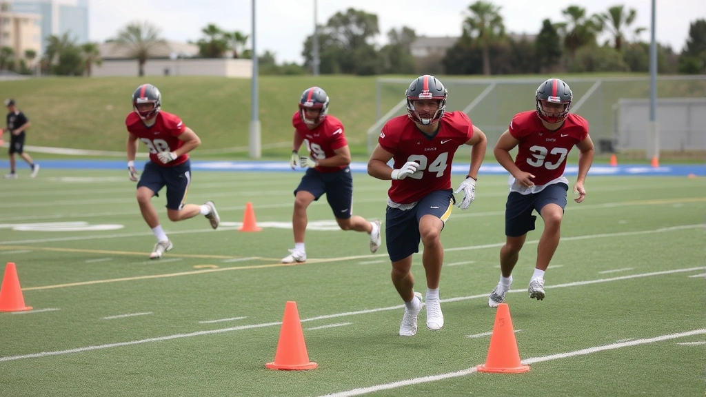 College football players performing agility cone drills on practice field, lateral movement and directional change, professional training environment with cones and markers