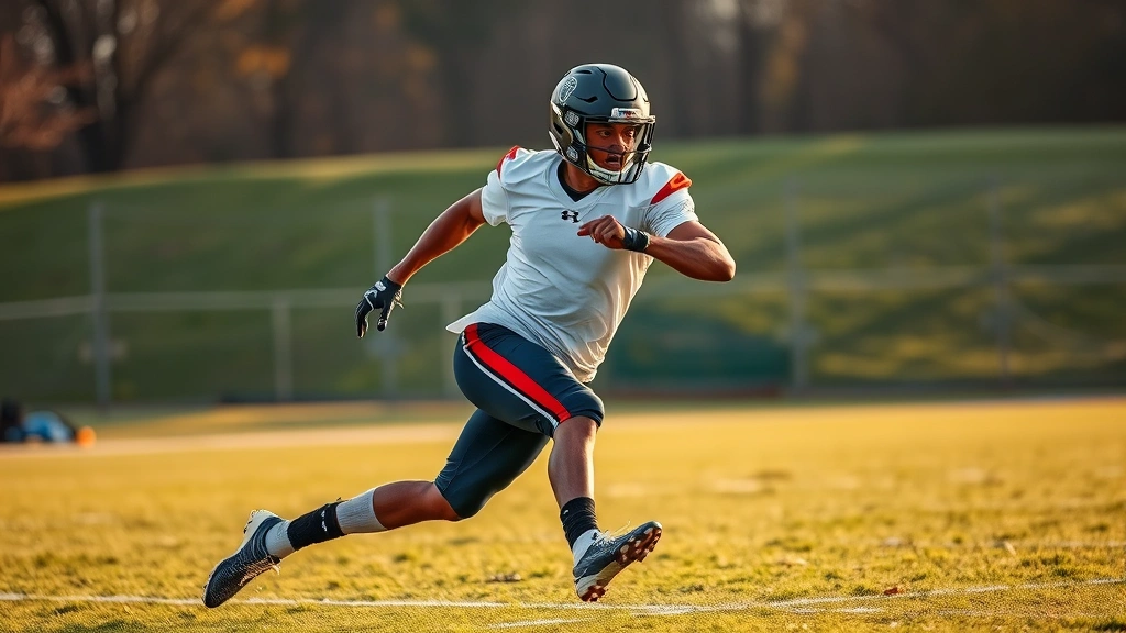 Professional football player performing explosive lateral movement drill on grass field, demonstrating agility and power, athletic wear, dynamic action shot, early morning lighting