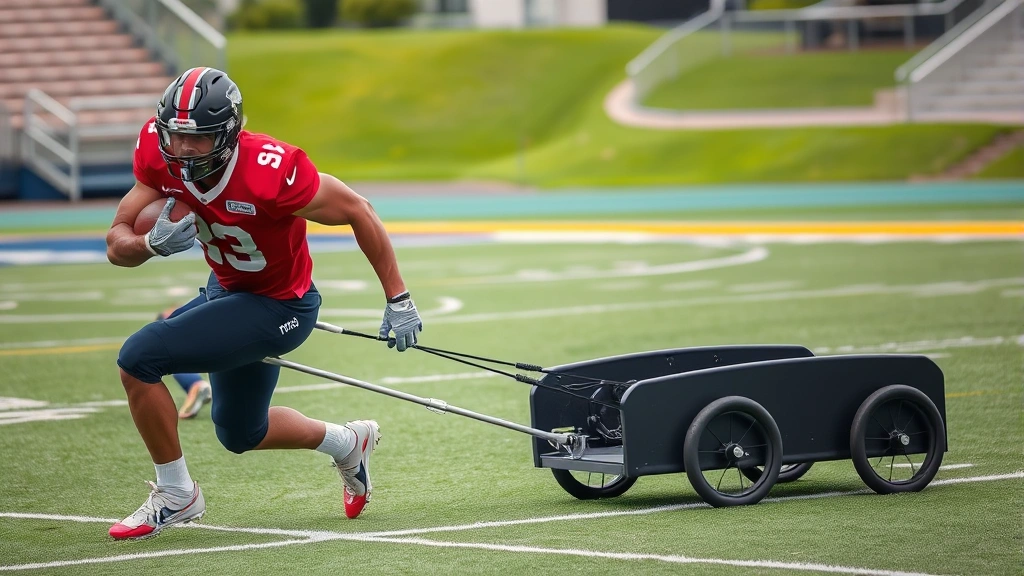 Football player executing high-intensity conditioning drill, pushing sled across field, demonstrating explosive power and endurance, outdoor stadium setting, action-oriented photography