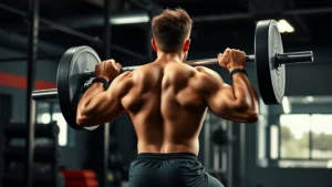 Athletic high school football player performing explosive barbell back squat with perfect form in professional weight room, intense focus and strength displayed, natural lighting